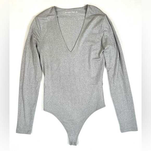 ABERCROMBIE & FITCH Women’s Long Sleeve Sparkle V Neck Bodysuit Gray Shimmer S‎ - Picture 5 of 15